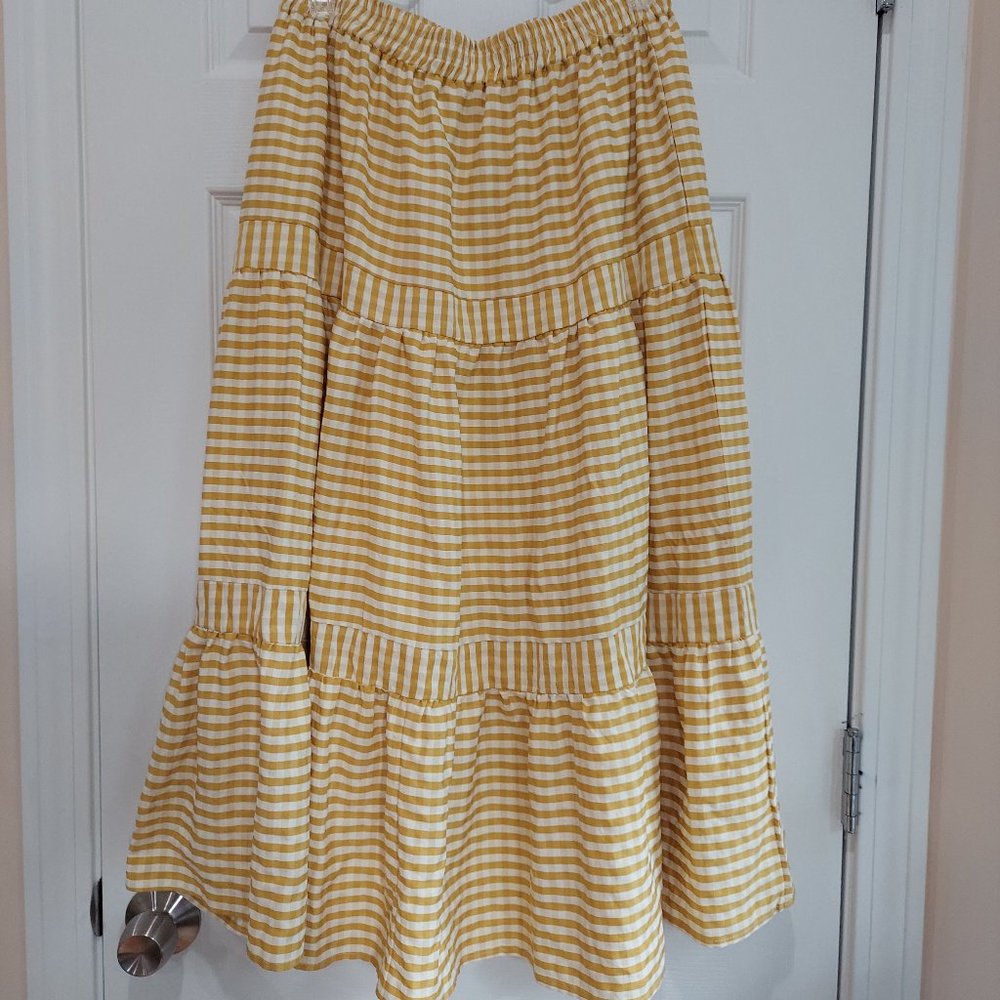 &merci Tiered Yellow Gingham Striped Maxi Skirt Elastic Waist Pockets SZ Medium